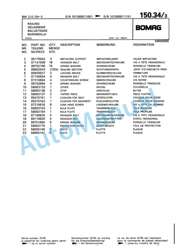 Bomag BW 213 DH-3 Single Drum Wheel Drive Vibratory Roller Spare Parts Catalogue 00815391 3 Bomag BW 213 DH-3 Single Drum Wheel Drive Vibratory Roller Spare Parts Catalogue 00815391-3