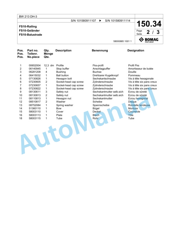 Bomag BW 213 DH-3 Single Drum Wheel Drive Vibratory Roller Spare Parts Catalogue 00817526 3 Bomag BW 213 DH-3 Single Drum Wheel Drive Vibratory Roller Spare Parts Catalogue 00817526-3