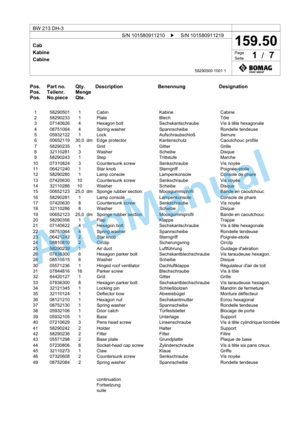 Bomag BW 213 DH-3 Single Drum Wheel Drive Vibratory Roller Spare Parts Catalogue 00817526 4 Bomag BW 213 DH-3 Single Drum Wheel Drive Vibratory Roller Spare Parts Catalogue 00817526-4