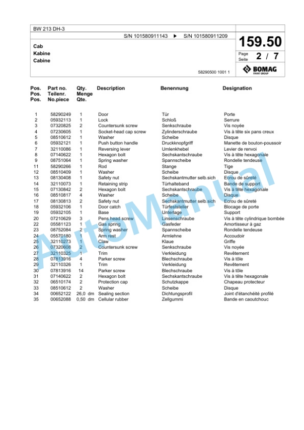 Bomag BW 213 DH-3 Single Drum Wheel Drive Vibratory Roller Spare Parts Catalogue 00817526 5 Bomag BW 213 DH-3 Single Drum Wheel Drive Vibratory Roller Spare Parts Catalogue 00817526-5