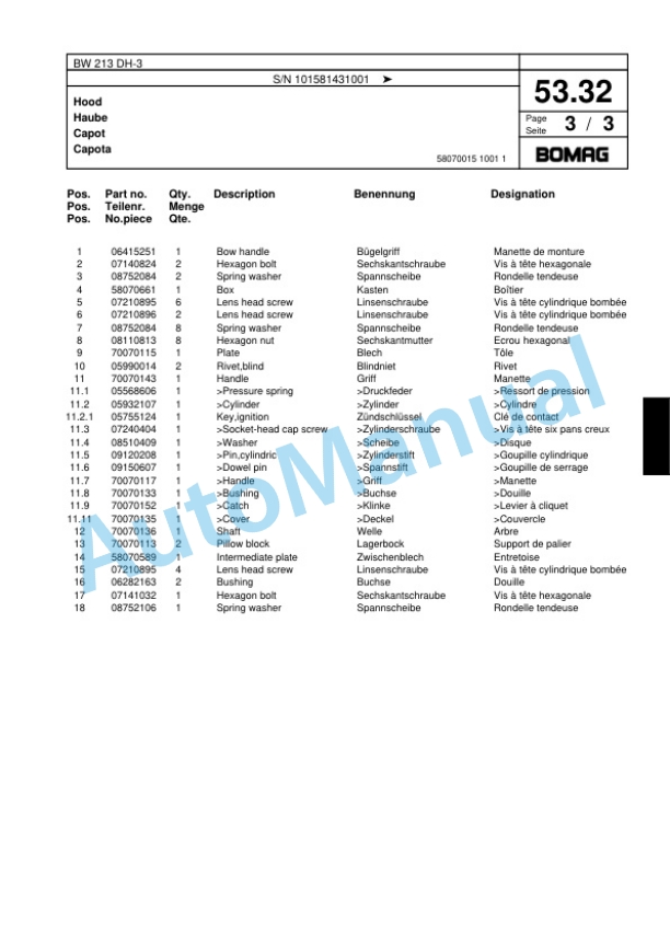 Bomag BW 213 DH-3 Single Drum Wheel Drive Vibratory Roller Spare Parts Catalogue 00817589 2 Bomag BW 213 DH-3 Single Drum Wheel Drive Vibratory Roller Spare Parts Catalogue 00817589-2
