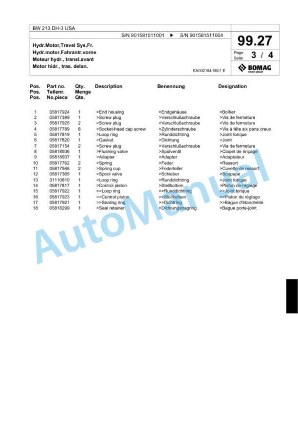 Bomag BW 213 DH-3 USA Single Drum Wheel Drive Vibratory Roller Spare Parts Catalogue 00817671 3 Bomag BW 213 DH-3 USA Single Drum Wheel Drive Vibratory Roller Spare Parts Catalogue 00817671-3