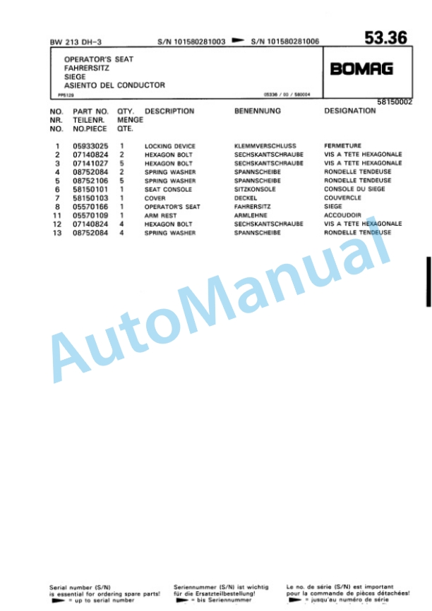 Bomag BW 213 DH-3 Variocontrol Single Drum Wheel Drive Vibratory Roller Spare Parts Catalogue 00815328 2 Bomag BW 213 DH-3 Variocontrol Single Drum Wheel Drive Vibratory Roller Spare Parts Catalogue 00815328-2