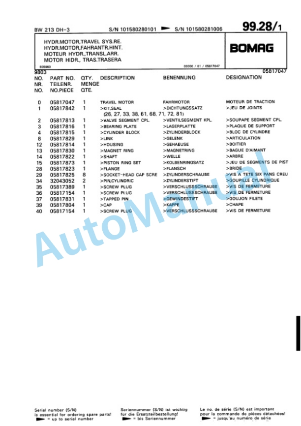 Bomag BW 213 DH-3 Variocontrol Single Drum Wheel Drive Vibratory Roller Spare Parts Catalogue 00815328 3 Bomag BW 213 DH-3 Variocontrol Single Drum Wheel Drive Vibratory Roller Spare Parts Catalogue 00815328-3