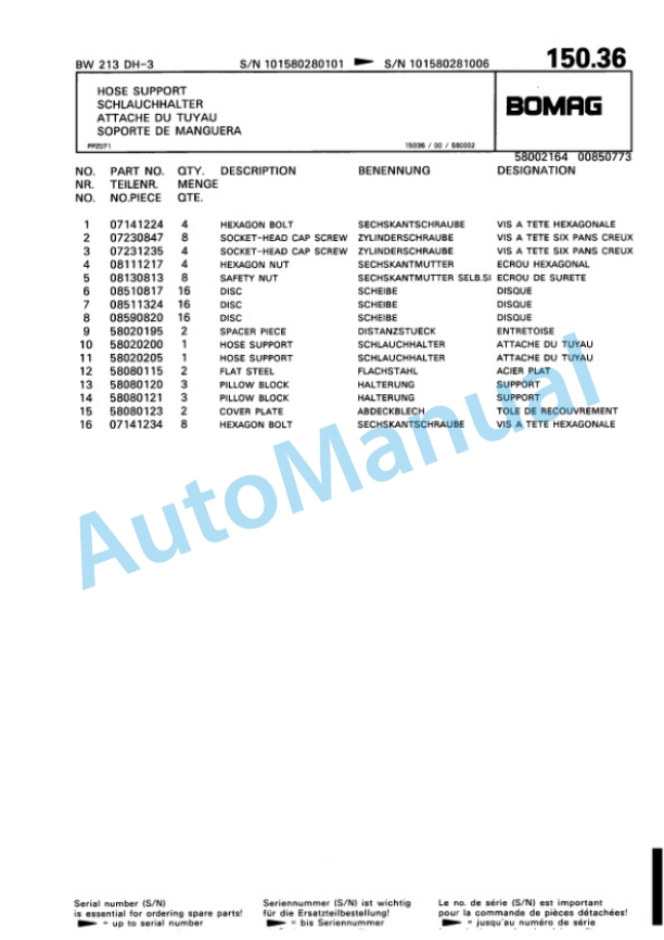 Bomag BW 213 DH-3 Variocontrol Single Drum Wheel Drive Vibratory Roller Spare Parts Catalogue 00815328 4 Bomag BW 213 DH-3 Variocontrol Single Drum Wheel Drive Vibratory Roller Spare Parts Catalogue 00815328-4
