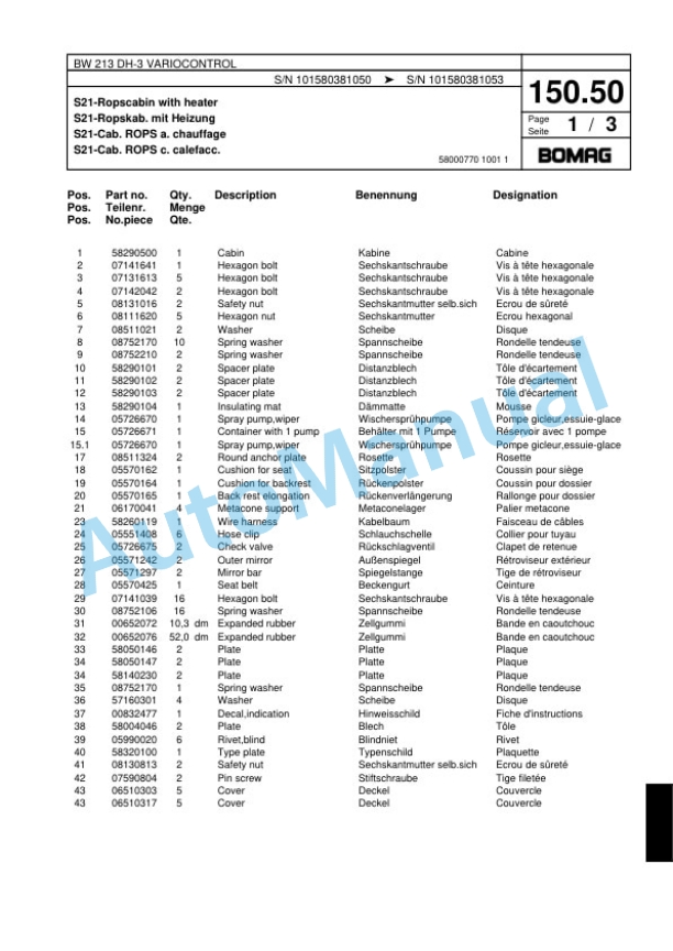 Bomag BW 213 DH-3 VARIOCONTROL Single Drum Wheel Drive Vibratory Roller Spare Parts Catalogue 00817528 4 Bomag BW 213 DH-3 VARIOCONTROL Single Drum Wheel Drive Vibratory Roller Spare Parts Catalogue 00817528-4
