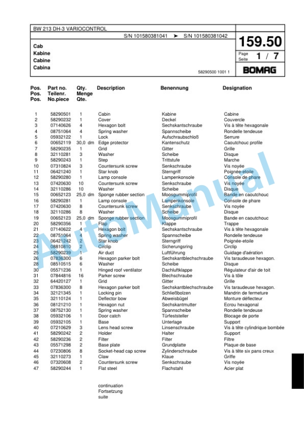 Bomag BW 213 DH-3 VARIOCONTROL Single Drum Wheel Drive Vibratory Roller Spare Parts Catalogue 00817528 5 Bomag BW 213 DH-3 VARIOCONTROL Single Drum Wheel Drive Vibratory Roller Spare Parts Catalogue 00817528-5