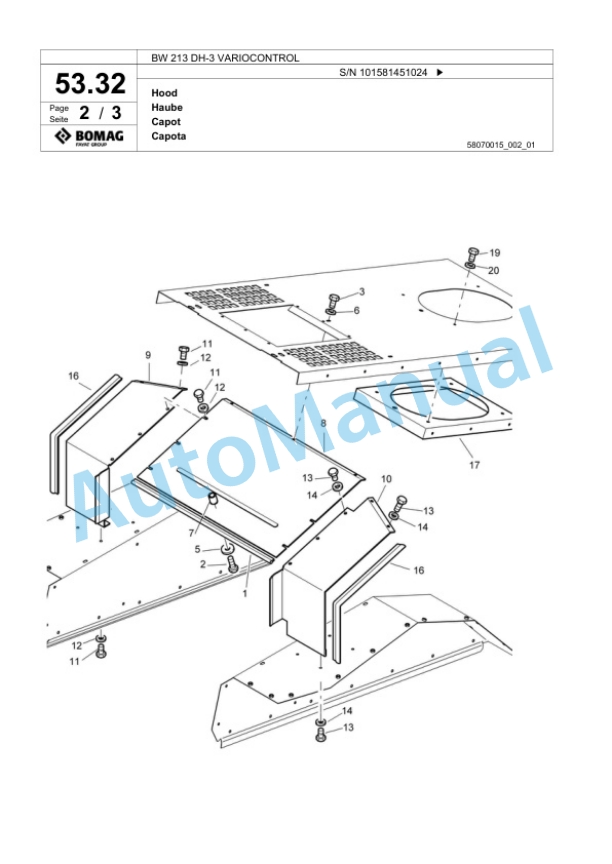 Bomag BW 213 DH-3 VARIOCONTROL Single Drum Wheel Drive Vibratory Roller Spare Parts Catalogue 00817591 2 Bomag BW 213 DH-3 VARIOCONTROL Single Drum Wheel Drive Vibratory Roller Spare Parts Catalogue 00817591-2