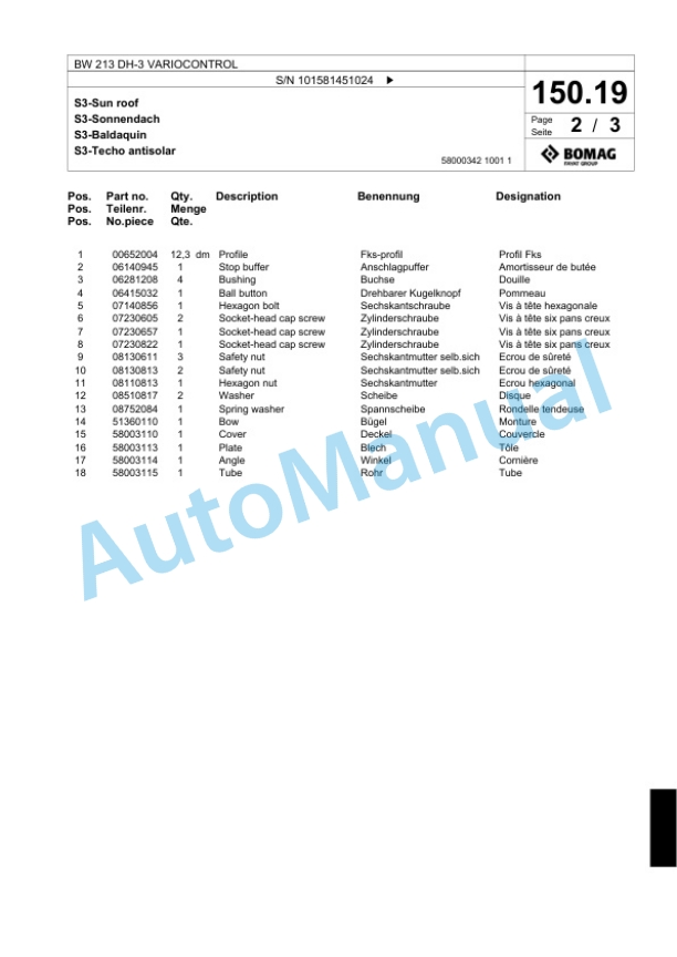 Bomag BW 213 DH-3 VARIOCONTROL Single Drum Wheel Drive Vibratory Roller Spare Parts Catalogue 00817591 5 Bomag BW 213 DH-3 VARIOCONTROL Single Drum Wheel Drive Vibratory Roller Spare Parts Catalogue 00817591-5