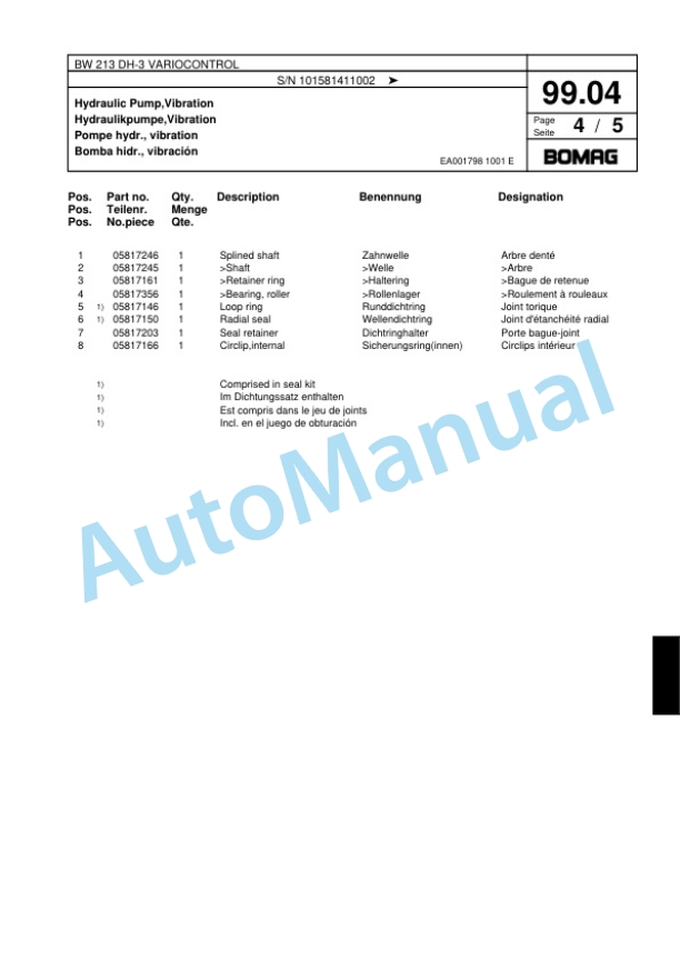 Bomag BW 213 DH-3 VARIOCONTROL Single Drum Wheel Drive Vibratory Roller Spare Parts Catalogue 00817605 3 Bomag BW 213 DH-3 VARIOCONTROL Single Drum Wheel Drive Vibratory Roller Spare Parts Catalogue 00817605-3