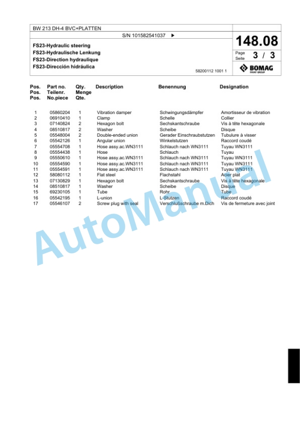 Bomag BW 213 DH-4 BVC Plus PLATTEN Single Drum Wheel Drive Vibratory Roller Spare Parts Catalogue 00817781 4 Bomag BW 213 DH-4 BVC Plus PLATTEN Single Drum Wheel Drive Vibratory Roller Spare Parts Catalogue 00817781-4