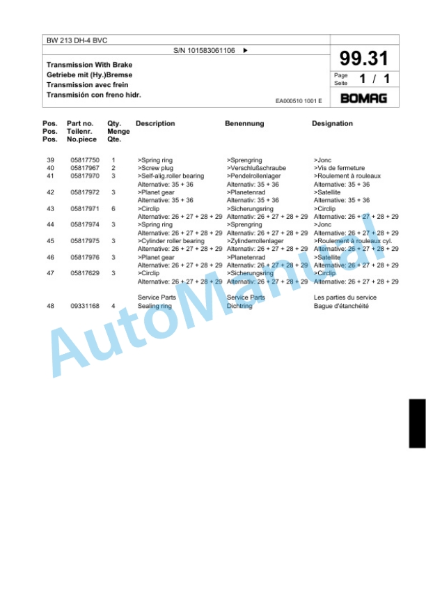 Bomag BW 213 DH-4 BVC Single Drum Wheel Drive Vibratory Roller Spare Parts Catalogue 00824143 3 Bomag BW 213 DH-4 BVC Single Drum Wheel Drive Vibratory Roller Spare Parts Catalogue 00824143-3