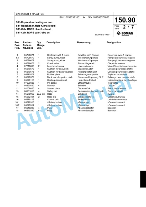 Bomag BW 213 DH-4 Plus PLATTEN Single Drum Wheel Drive Vibratory Roller Spare Parts Catalogue 00818437 4 Bomag BW 213 DH-4 Plus PLATTEN Single Drum Wheel Drive Vibratory Roller Spare Parts Catalogue 00818437-4