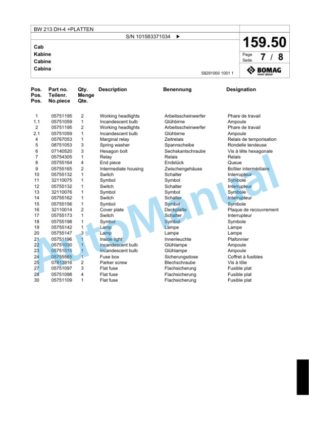 Bomag BW 213 DH-4 Plus PLATTEN Single Drum Wheel Drive Vibratory Roller Spare Parts Catalogue 00818437 5 Bomag BW 213 DH-4 Plus PLATTEN Single Drum Wheel Drive Vibratory Roller Spare Parts Catalogue 00818437-5