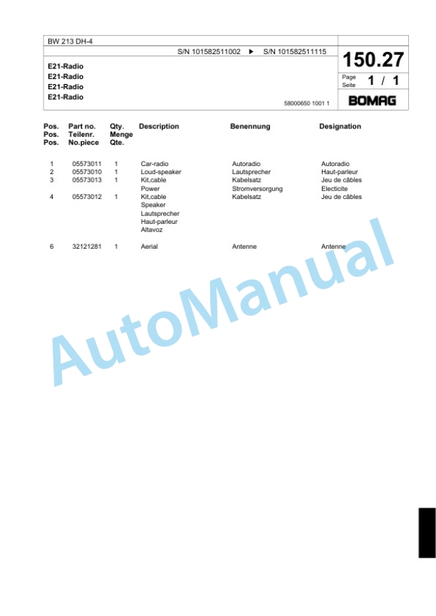 Bomag BW 213 DH-4 Single Drum Wheel Drive Vibratory Roller Spare Parts Catalogue 00817775 3 Bomag BW 213 DH-4 Single Drum Wheel Drive Vibratory Roller Spare Parts Catalogue 00817775-3
