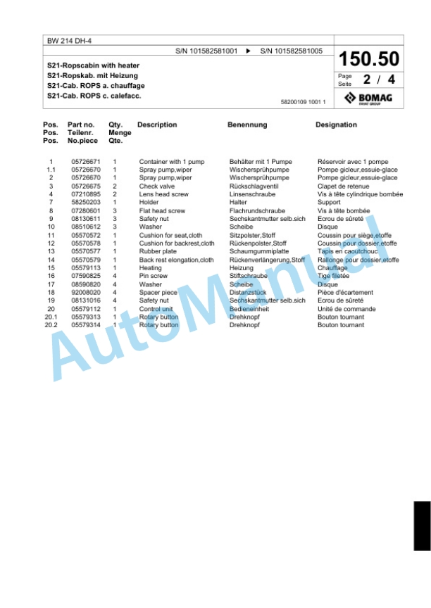 Bomag BW 213 DH-4 Single Drum Wheel Drive Vibratory Roller Spare Parts Catalogue 00817789 4 Bomag BW 213 DH-4 Single Drum Wheel Drive Vibratory Roller Spare Parts Catalogue 00817789-4