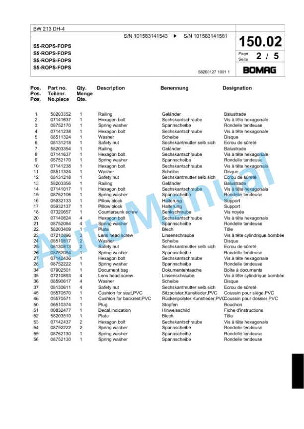 Bomag BW 213 DH-4 Single Drum Wheel Drive Vibratory Roller Spare Parts Catalogue 00818125 3 Bomag BW 213 DH-4 Single Drum Wheel Drive Vibratory Roller Spare Parts Catalogue 00818125-3