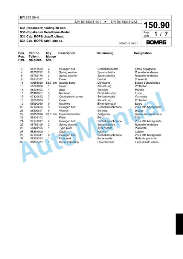 Bomag BW 213 DH-4 Single Drum Wheel Drive Vibratory Roller Spare Parts Catalogue 00818125 4 Bomag BW 213 DH-4 Single Drum Wheel Drive Vibratory Roller Spare Parts Catalogue 00818125-4