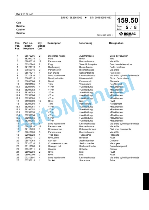 Bomag BW 213 DH-40 Single Drum Wheel Drive Vibratory Roller Spare Parts Catalogue 00817785 5 Bomag BW 213 DH-40 Single Drum Wheel Drive Vibratory Roller Spare Parts Catalogue 00817785-5