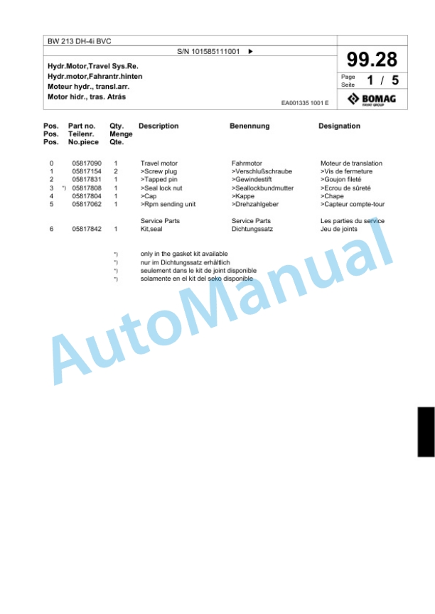 Bomag BW 213 DH-4i BVC Single Drum Wheel Drive Vibratory Roller Spare Parts Catalogue 00824447 3 Bomag BW 213 DH-4i BVC Single Drum Wheel Drive Vibratory Roller Spare Parts Catalogue 00824447-3