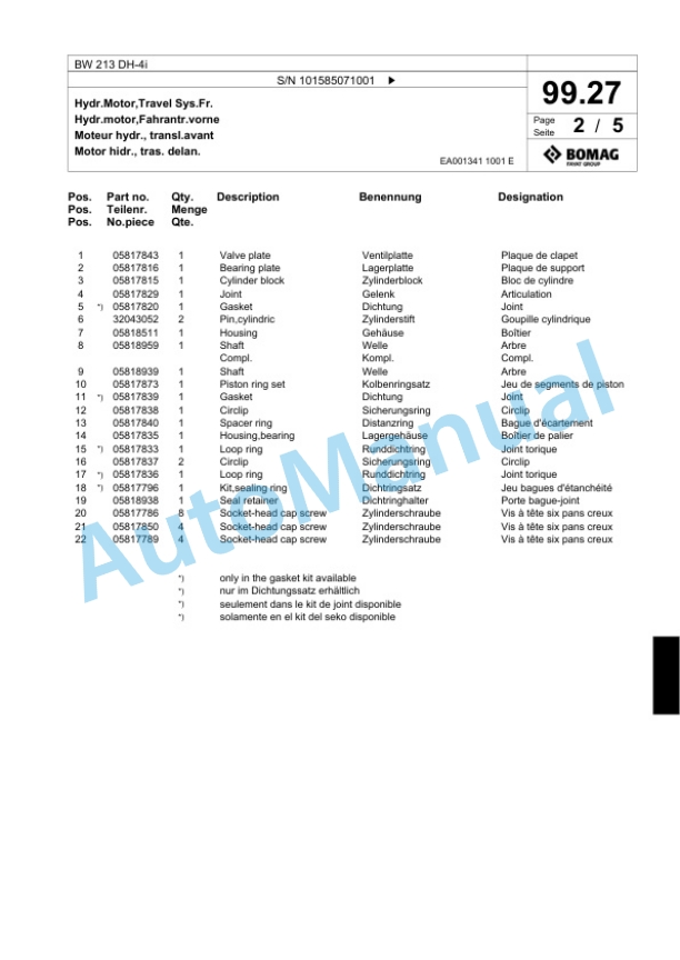 Bomag BW 213 DH-4i Single Drum Wheel Drive Vibratory Roller Spare Parts Catalogue 00824439 3 Bomag BW 213 DH-4i Single Drum Wheel Drive Vibratory Roller Spare Parts Catalogue 00824439-3