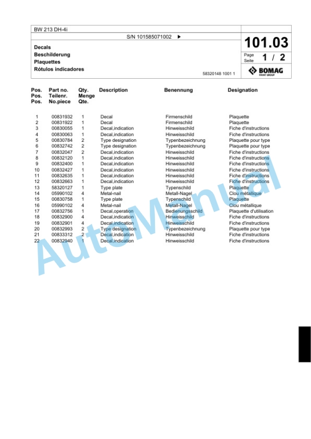Bomag BW 213 DH-4i Single Drum Wheel Drive Vibratory Roller Spare Parts Catalogue 00824439 4 Bomag BW 213 DH-4i Single Drum Wheel Drive Vibratory Roller Spare Parts Catalogue 00824439-4