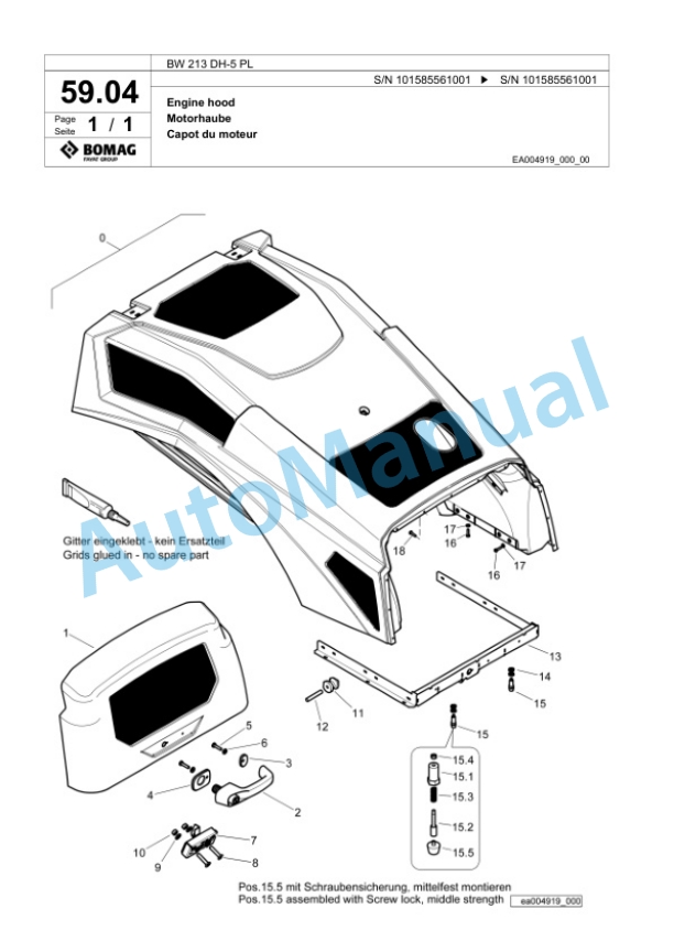 Bomag BW 213 DH-5 PL Single Drum Wheel Drive Vibratory Roller Spare Parts Catalogue 00827277 2 Bomag BW 213 DH-5 PL Single Drum Wheel Drive Vibratory Roller Spare Parts Catalogue 00827277-2
