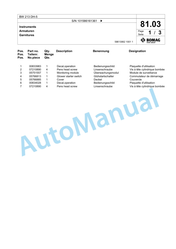 Bomag BW 213 DH-5 Single Drum Wheel Drive Vibratory Roller Spare Parts Catalogue 00824575 2 Bomag BW 213 DH-5 Single Drum Wheel Drive Vibratory Roller Spare Parts Catalogue 00824575-2