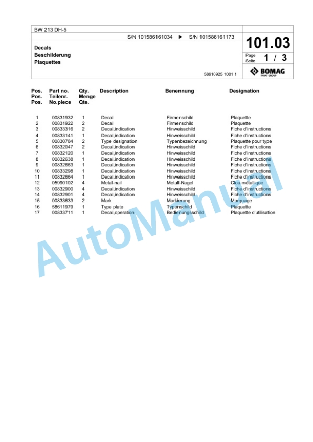 Bomag BW 213 DH-5 Single Drum Wheel Drive Vibratory Roller Spare Parts Catalogue 00824575 3 Bomag BW 213 DH-5 Single Drum Wheel Drive Vibratory Roller Spare Parts Catalogue 00824575-3