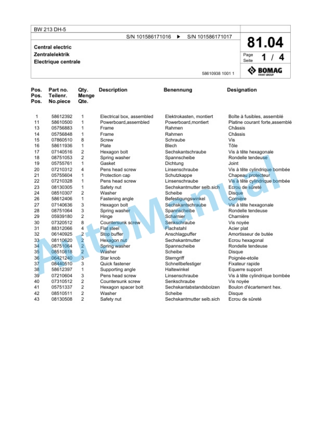 Bomag BW 213 DH-5 Single Drum Wheel Drive Vibratory Roller Spare Parts Catalogue 00824863 2 Bomag BW 213 DH-5 Single Drum Wheel Drive Vibratory Roller Spare Parts Catalogue 00824863-2