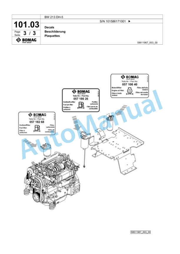 Bomag BW 213 DH-5 Single Drum Wheel Drive Vibratory Roller Spare Parts Catalogue 00824863 3 Bomag BW 213 DH-5 Single Drum Wheel Drive Vibratory Roller Spare Parts Catalogue 00824863-3