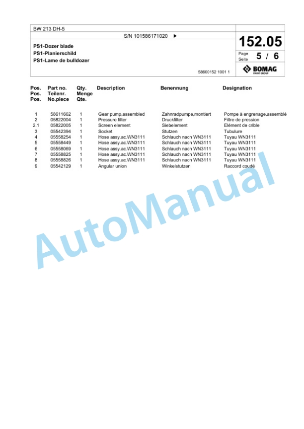Bomag BW 213 DH-5 Single Drum Wheel Drive Vibratory Roller Spare Parts Catalogue 00824863 5 Bomag BW 213 DH-5 Single Drum Wheel Drive Vibratory Roller Spare Parts Catalogue 00824863-5