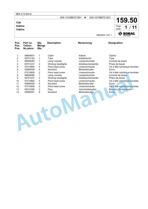 Bomag BW 213 DH-5 Single Drum Wheel Drive Vibratory Roller Spare Parts Catalogue 00825273 4 Bomag BW 213 DH-5 Single Drum Wheel Drive Vibratory Roller Spare Parts Catalogue 00825273-4
