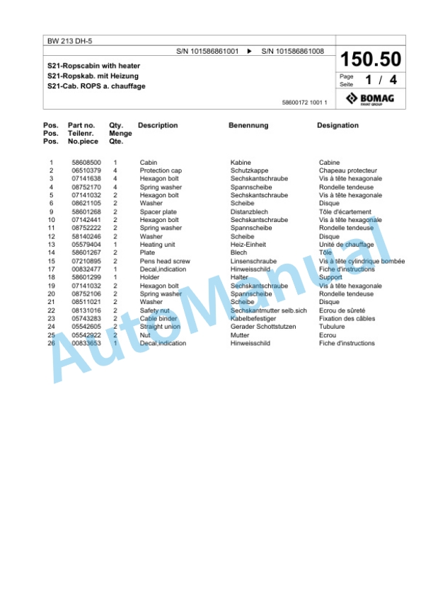 Bomag BW 213 DH-5 Single Drum Wheel Drive Vibratory Roller Spare Parts Catalogue 00825983 3 Bomag BW 213 DH-5 Single Drum Wheel Drive Vibratory Roller Spare Parts Catalogue 00825983-3