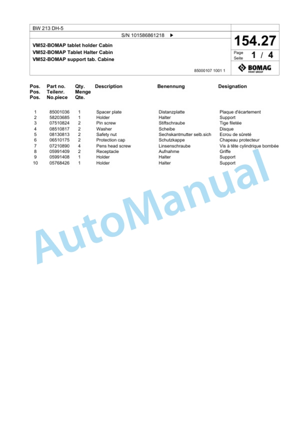 Bomag BW 213 DH-5 Single Drum Wheel Drive Vibratory Roller Spare Parts Catalogue 00825983 4 Bomag BW 213 DH-5 Single Drum Wheel Drive Vibratory Roller Spare Parts Catalogue 00825983-4