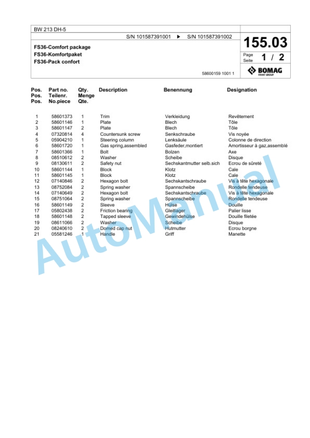 Bomag BW 213 DH-5 Single Drum Wheel Drive Vibratory Roller Spare Parts Catalogue 00826043 5 Bomag BW 213 DH-5 Single Drum Wheel Drive Vibratory Roller Spare Parts Catalogue 00826043-5