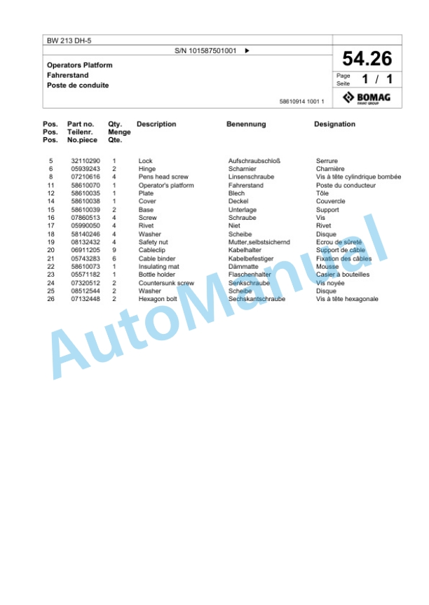 Bomag BW 213 DH-5 Single Drum Wheel Drive Vibratory Roller Spare Parts Catalogue 00826277 2 Bomag BW 213 DH-5 Single Drum Wheel Drive Vibratory Roller Spare Parts Catalogue 00826277-2