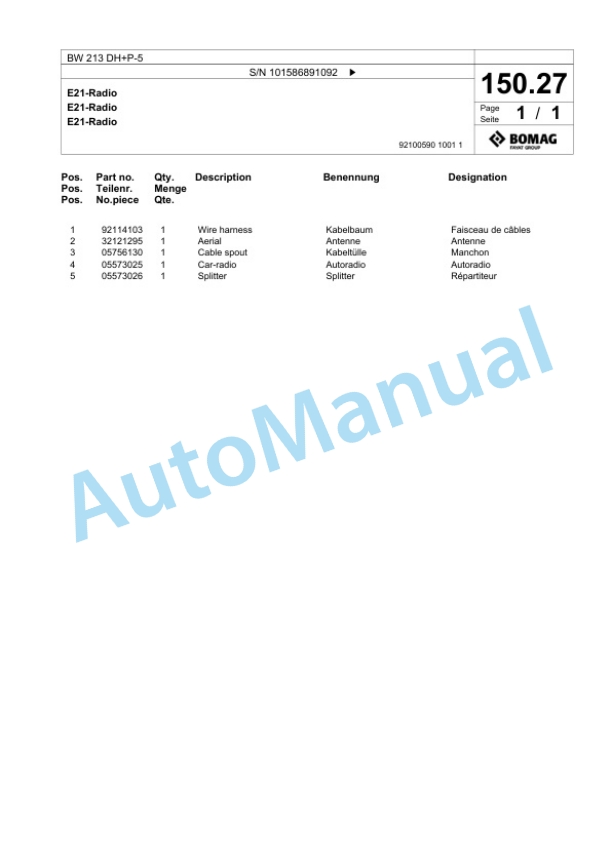 Bomag BW 213 DH Plus P-5 Single Drum Wheel Drive Vibratory Roller Spare Parts Catalogue 00825989 3 Bomag BW 213 DH Plus P-5 Single Drum Wheel Drive Vibratory Roller Spare Parts Catalogue 00825989-3