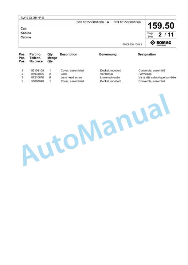 Bomag BW 213 DH Plus P-5 Single Drum Wheel Drive Vibratory Roller Spare Parts Catalogue 00825989 5 Bomag BW 213 DH Plus P-5 Single Drum Wheel Drive Vibratory Roller Spare Parts Catalogue 00825989-5