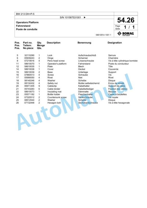 Bomag BW 213 DH Plus P-5 Single Drum Wheel Drive Vibratory Roller Spare Parts Catalogue 00826283 2 Bomag BW 213 DH Plus P-5 Single Drum Wheel Drive Vibratory Roller Spare Parts Catalogue 00826283-2
