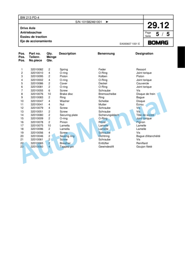 Bomag BW 213 PD-4 Single Drum Wheel Drive Vibratory Roller Spare Parts Catalogue 00818167 2 Bomag BW 213 PD-4 Single Drum Wheel Drive Vibratory Roller Spare Parts Catalogue 00818167-2