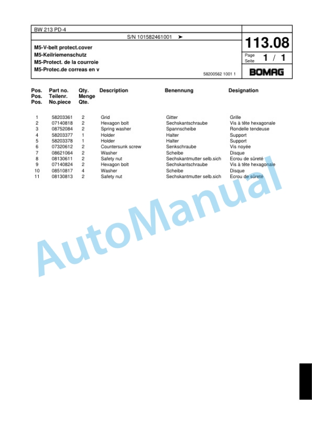 Bomag BW 213 PD-4 Single Drum Wheel Drive Vibratory Roller Spare Parts Catalogue 00818167 4 Bomag BW 213 PD-4 Single Drum Wheel Drive Vibratory Roller Spare Parts Catalogue 00818167-4
