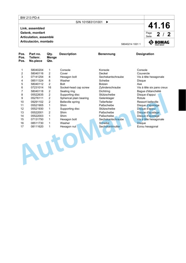 Bomag BW 213 PD-4 Single Drum Wheel Drive Vibratory Roller Spare Parts Catalogue 00818335 2 Bomag BW 213 PD-4 Single Drum Wheel Drive Vibratory Roller Spare Parts Catalogue 00818335-2
