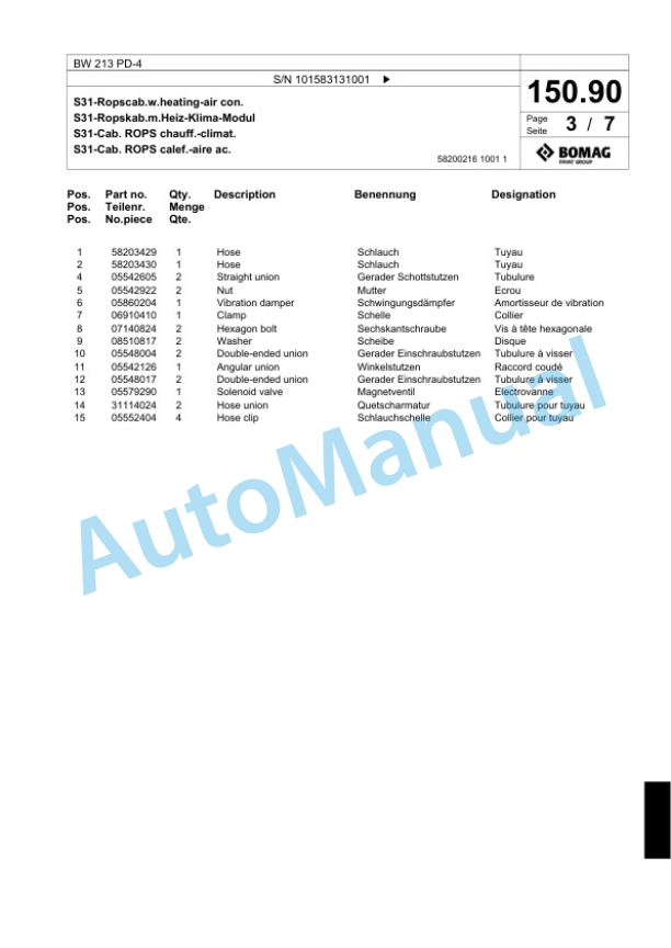 Bomag BW 213 PD-4 Single Drum Wheel Drive Vibratory Roller Spare Parts Catalogue 00818335 5 Bomag BW 213 PD-4 Single Drum Wheel Drive Vibratory Roller Spare Parts Catalogue 00818335-5