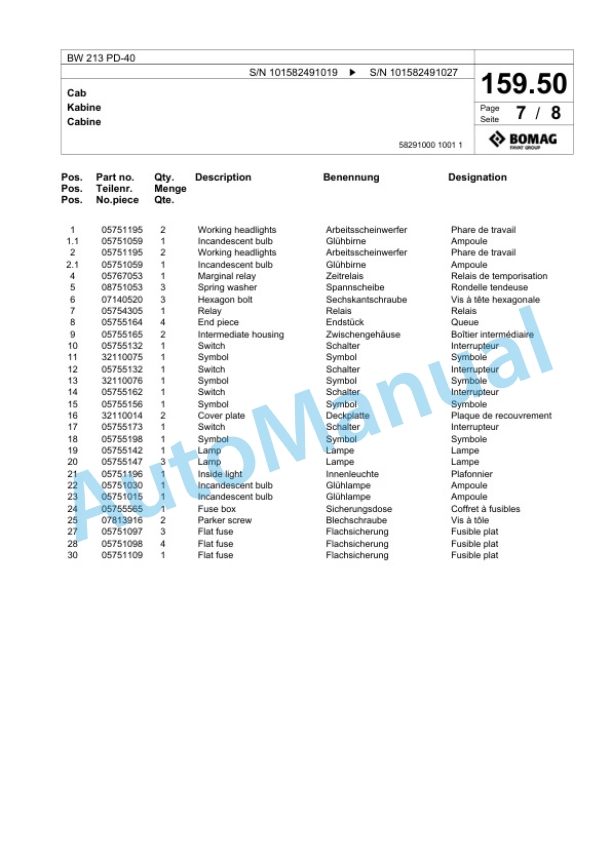 Bomag BW 213 PD-40 Single Drum Wheel Drive Vibratory Roller Spare Parts Catalogue 00818063 5 Bomag BW 213 PD-40 Single Drum Wheel Drive Vibratory Roller Spare Parts Catalogue 00818063-5