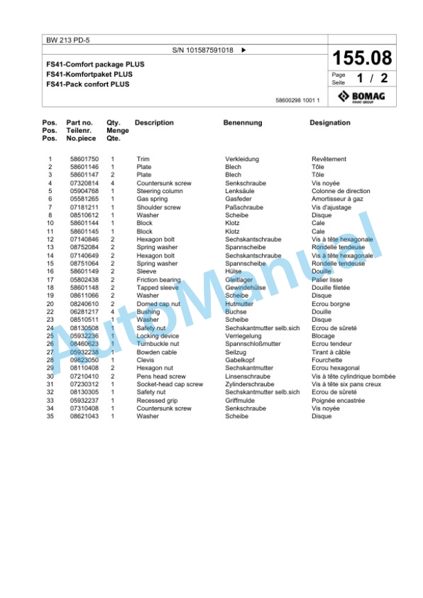 Bomag BW 213 PD-5 Single Drum Wheel Drive Vibratory Roller Spare Parts Catalogue 00826165 4 Bomag BW 213 PD-5 Single Drum Wheel Drive Vibratory Roller Spare Parts Catalogue 00826165-4
