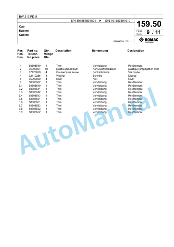 Bomag BW 213 PD-5 Single Drum Wheel Drive Vibratory Roller Spare Parts Catalogue 00826165 5 Bomag BW 213 PD-5 Single Drum Wheel Drive Vibratory Roller Spare Parts Catalogue 00826165-5