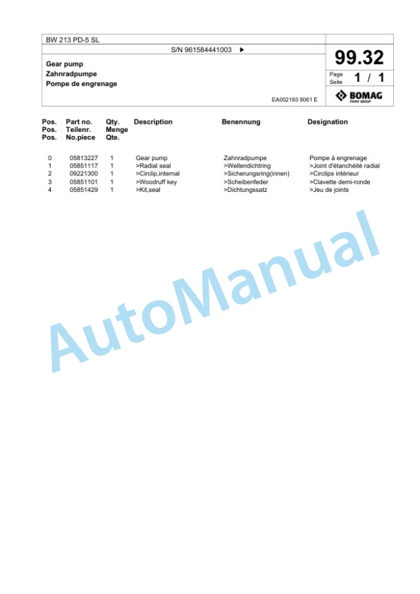 Bomag BW 213 PD-5 SL Single Drum Wheel Drive Vibratory Roller Spare Parts Catalogue 00826711 3 Bomag BW 213 PD-5 SL Single Drum Wheel Drive Vibratory Roller Spare Parts Catalogue 00826711-3