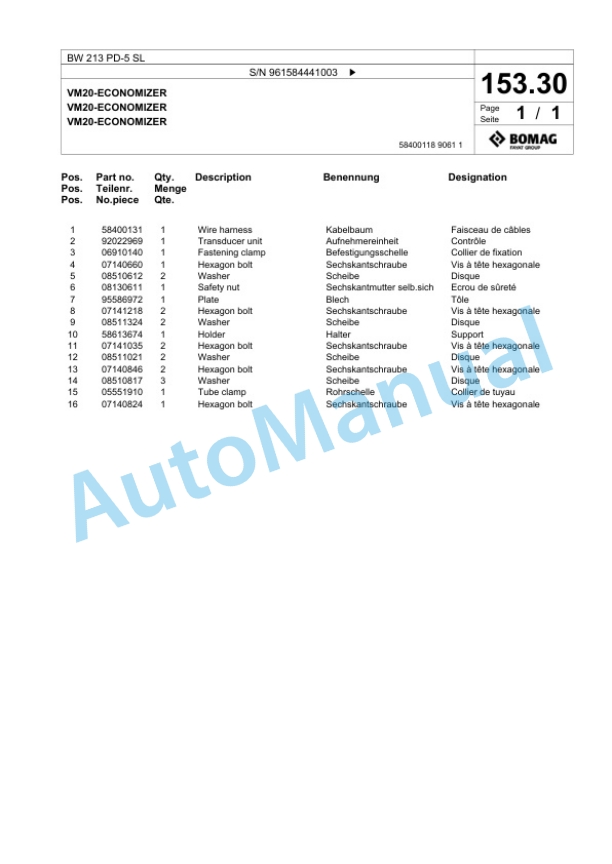 Bomag BW 213 PD-5 SL Single Drum Wheel Drive Vibratory Roller Spare Parts Catalogue 00826711 5 Bomag BW 213 PD-5 SL Single Drum Wheel Drive Vibratory Roller Spare Parts Catalogue 00826711-5