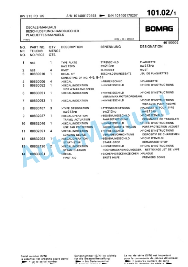 Bomag BW 213 PD Single Drum Wheel Drive Vibratory Roller Spare Parts Catalogue 00810138 5 Bomag BW 213 PD Single Drum Wheel Drive Vibratory Roller Spare Parts Catalogue 00810138-5